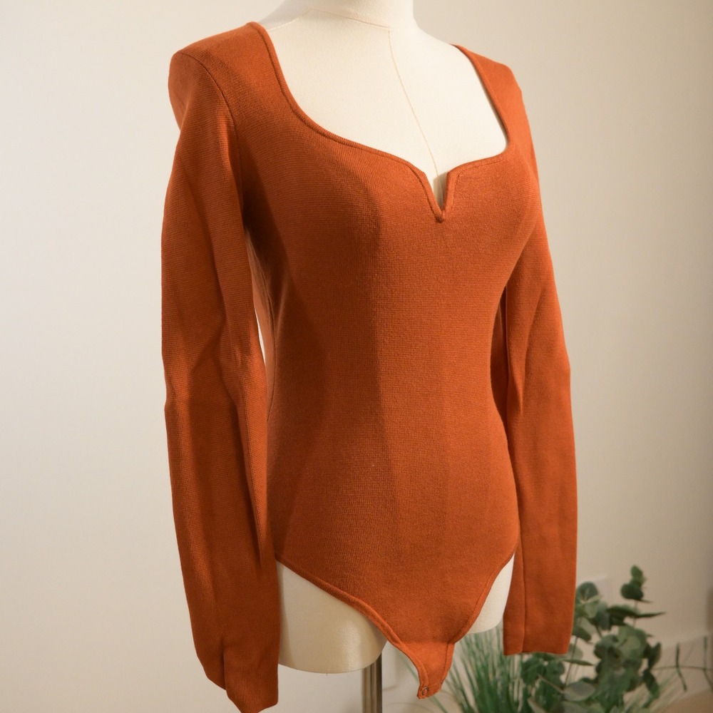 Abercrombie & Fitch Sweetheart Neck Sweater Bodysuit Burnt Orange Small